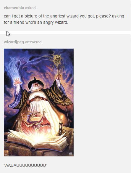 chamcubia asked: can i get a pictures of the angriest wizard you got, please? asking for a friend who's an angry wizard

wizardjpeg answered:
*image of an angry looking wizard summoning a tiny dragon out of an open book*

"AAUAUUUUUU"